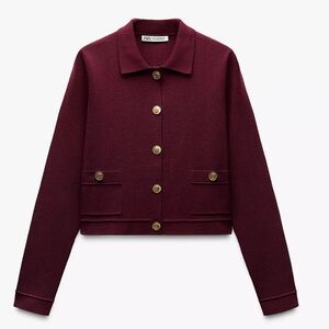 Zara Burgundy Blazer cardigan sweater with Gold Buttons